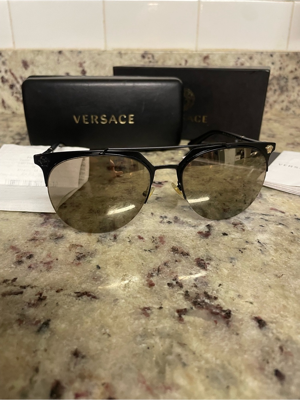 Versace Black Frame Sunglasses pilot aviator mod VE 2181 receipt case unisex